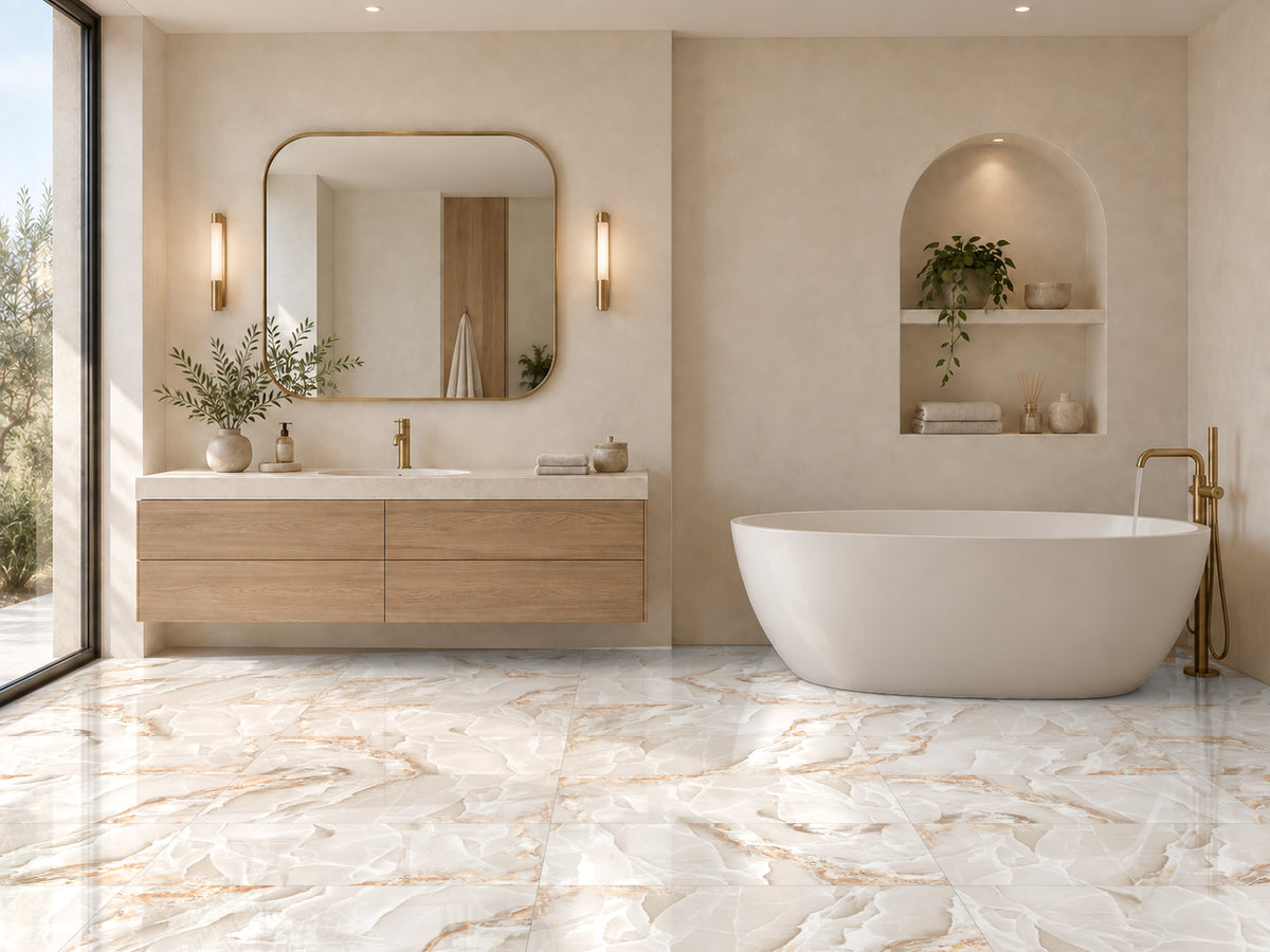 Amolite Onyx Gold bathroom with pale oak, quiet plaster and warm metal finishes